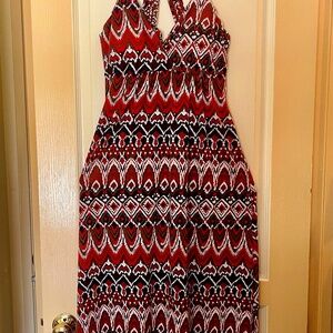 Maxi dress by Pink Rose, Size L, Rusty orange, brown, white, and navy.